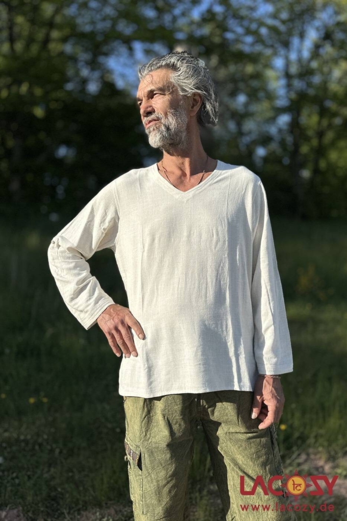 Leinen Herrenhemd ZEN | Langarm Shirt mit V-Ausschnitt | Natur – Bild 4