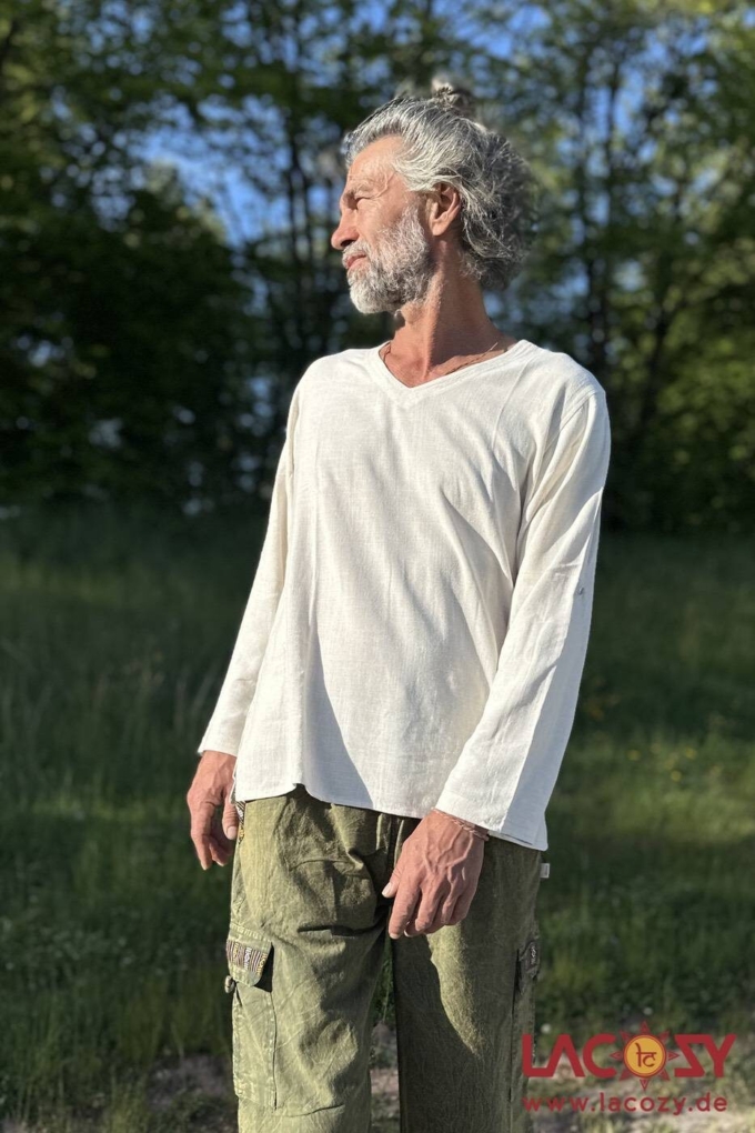 Leinen Herrenhemd ZEN | Langarm Shirt mit V-Ausschnitt | Natur – Bild 5