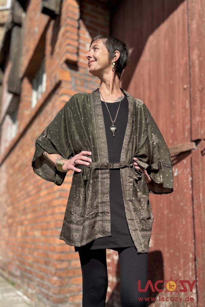 Kimono mit Pfauenfeder Muster | KHAKI