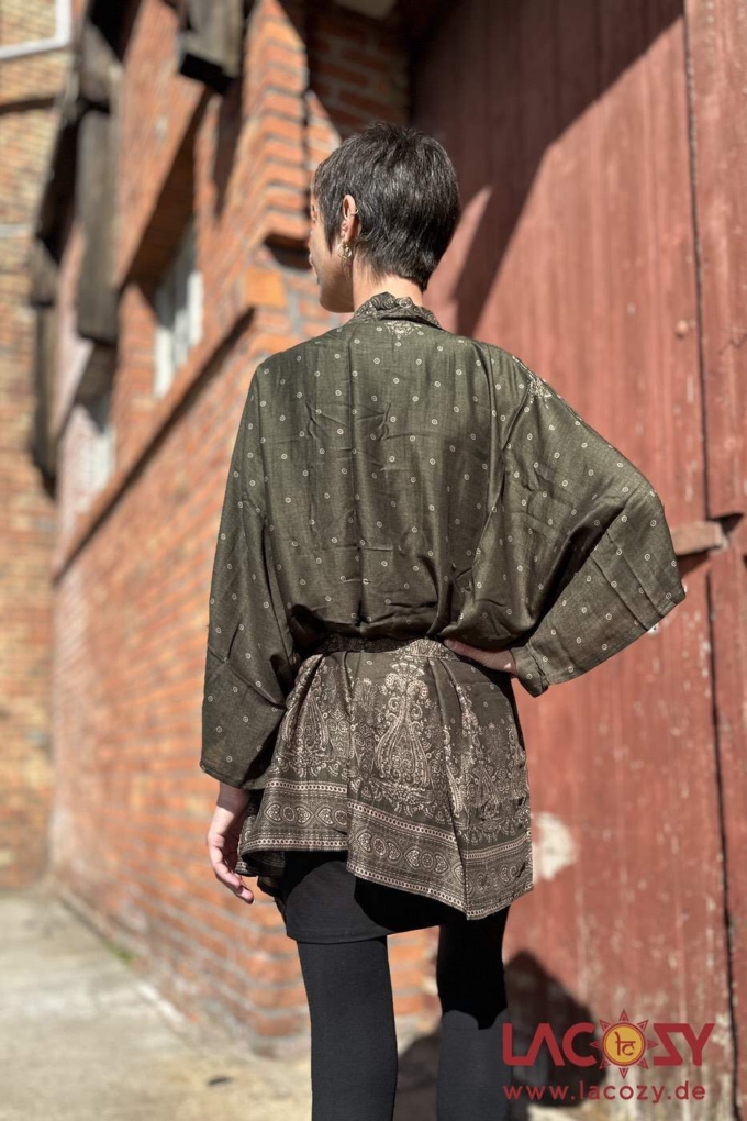 Kimono mit Pfauenfeder Muster | KHAKI – Bild 2