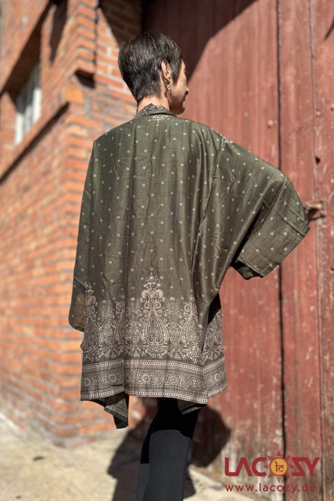 Kimono mit Pfauenfeder Muster | KHAKI – Bild 4