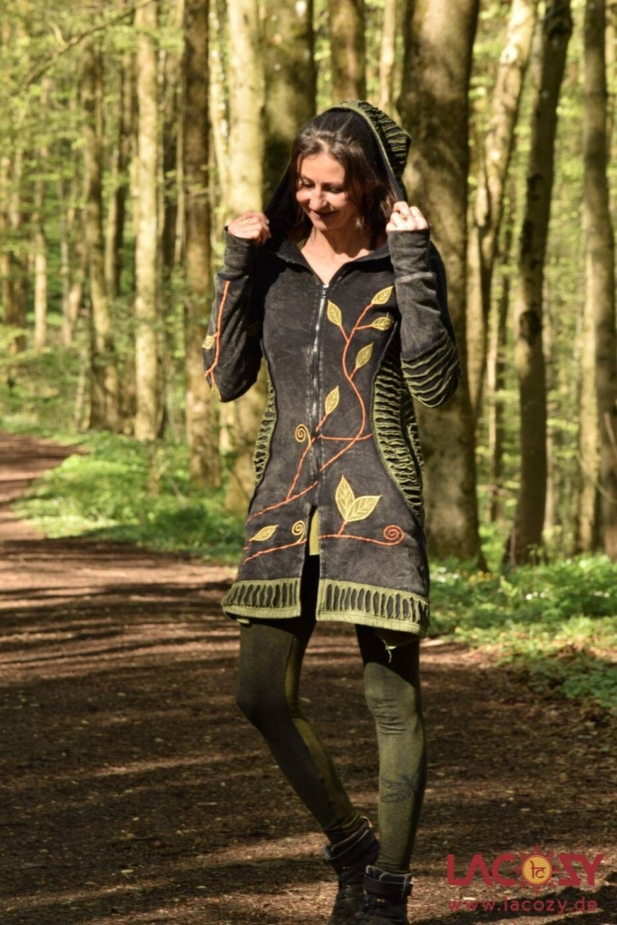 Lange Pixie Elfen Goa-Jacke NATURE mit Zipfelkapuze | Stonewash Schwarz - Grün