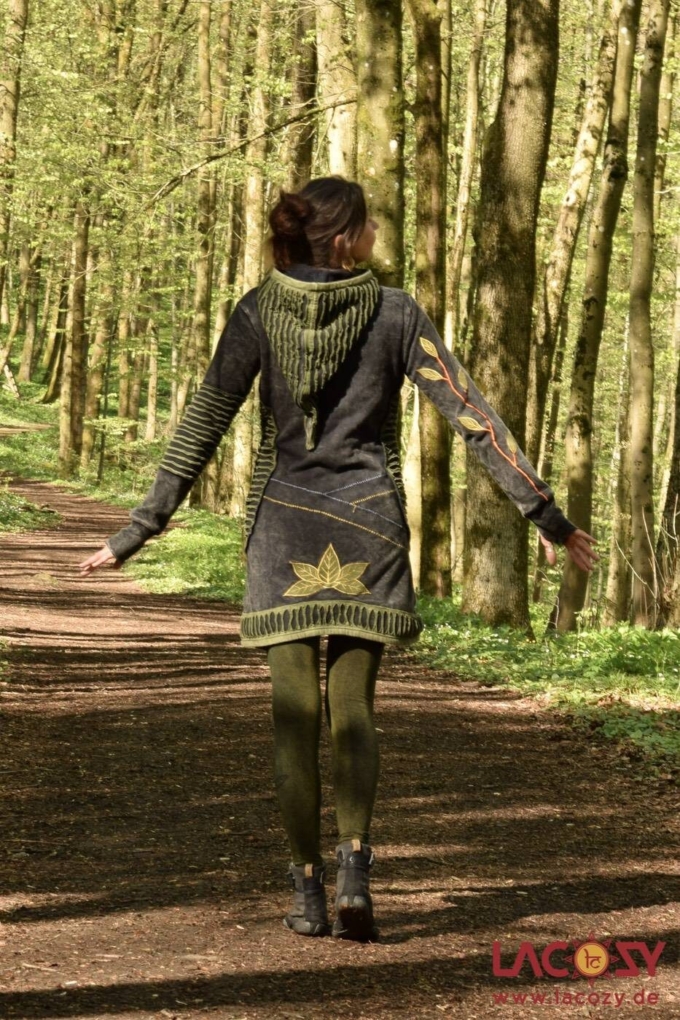 Lange Pixie Elfen Goa-Jacke NATURE mit Zipfelkapuze | Stonewash Schwarz - Grün – Bild 2
