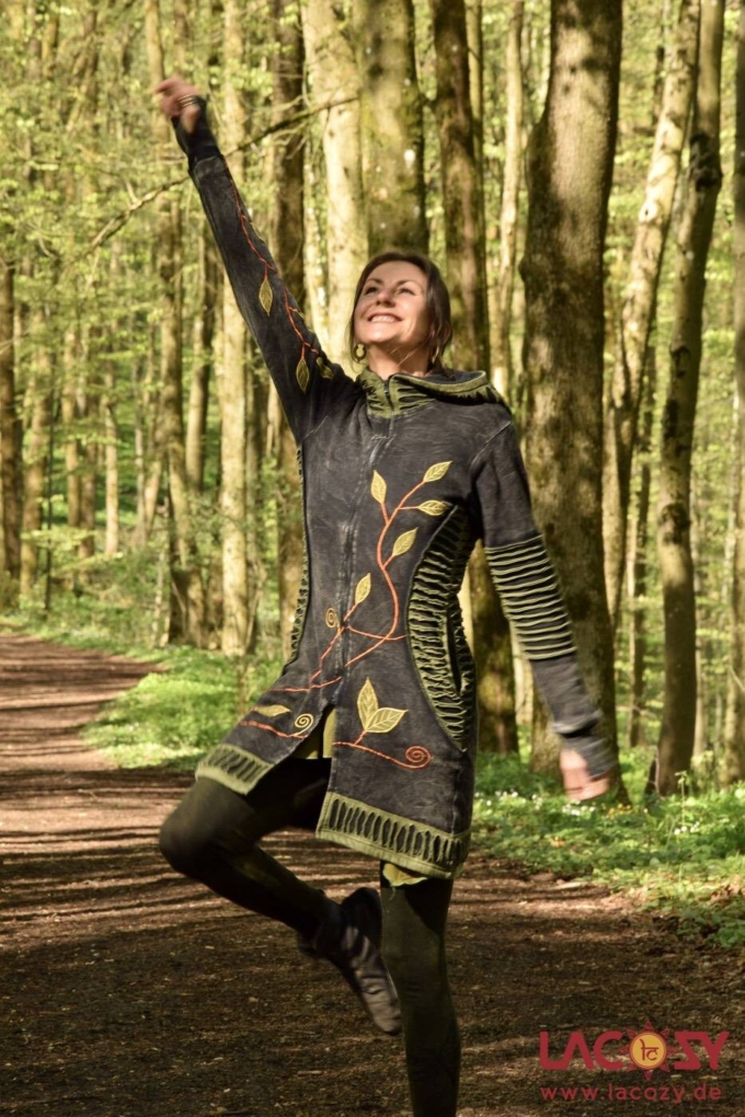Lange Pixie Elfen Goa-Jacke NATURE mit Zipfelkapuze | Stonewash Schwarz - Grün – Bild 6