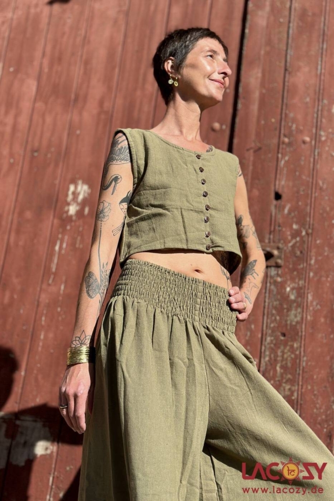 Crop Top MAEA aus Baumwolle mit Ethno Print | Olivgrün