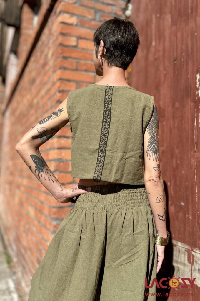 Crop Top MAEA aus Baumwolle mit Ethno Print | Olivgrün – Bild 2