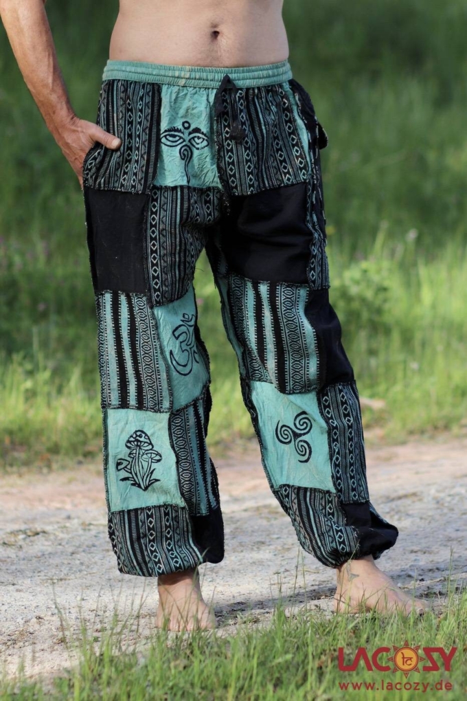 AYANI Patchwork Goahose mit Gürteltasche | Petrolgrün-Schwarz