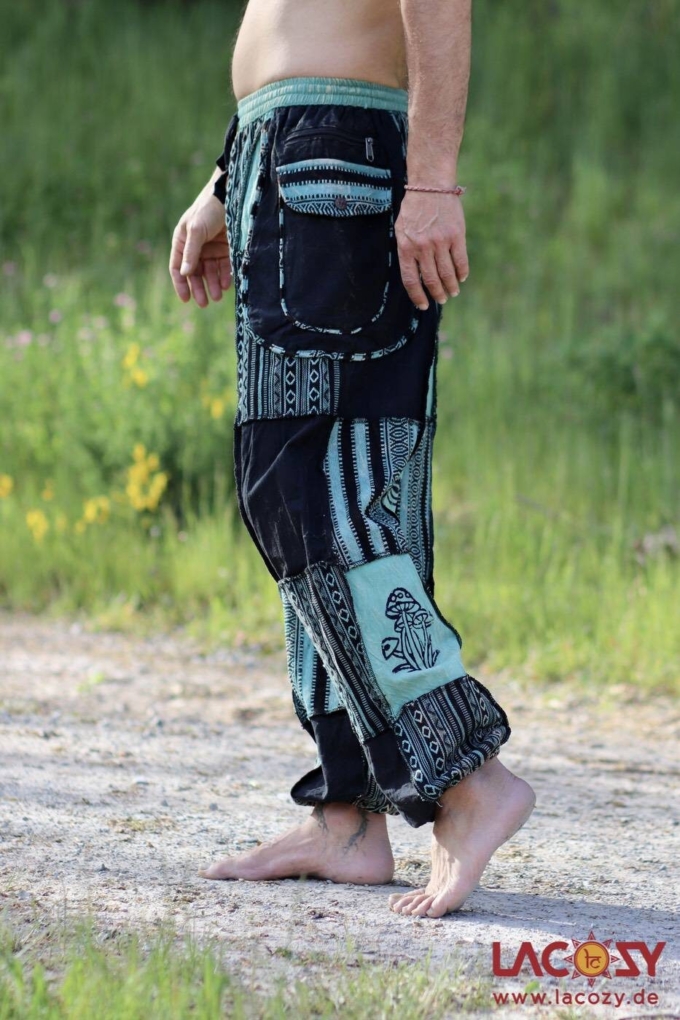 AYANI Patchwork Goahose mit Gürteltasche | Petrolgrün-Schwarz – Bild 2