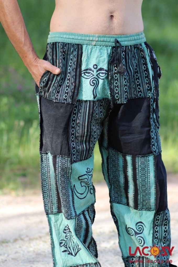 AYANI Patchwork Goahose mit Gürteltasche | Petrolgrün-Schwarz – Bild 4