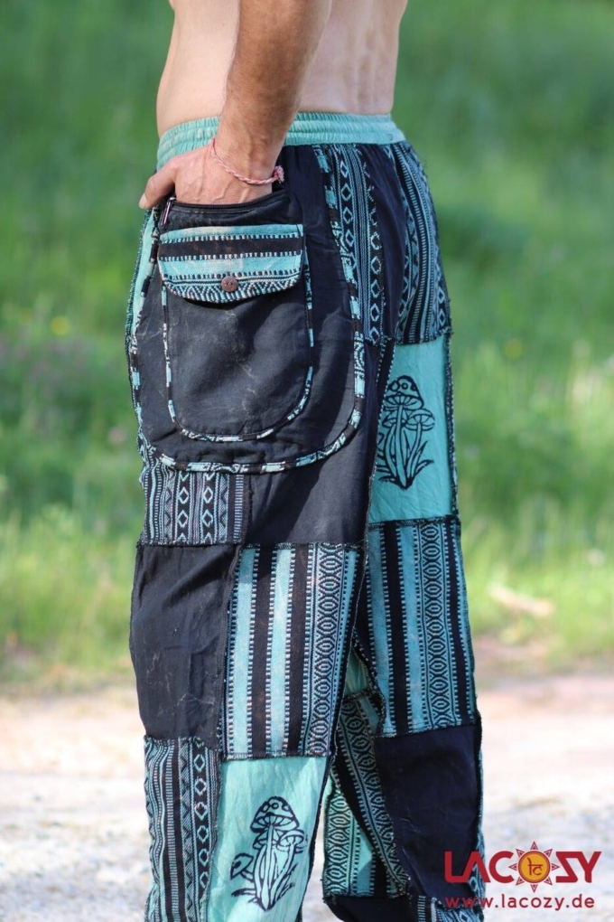 AYANI Patchwork Goahose mit Gürteltasche | Petrolgrün-Schwarz – Bild 5